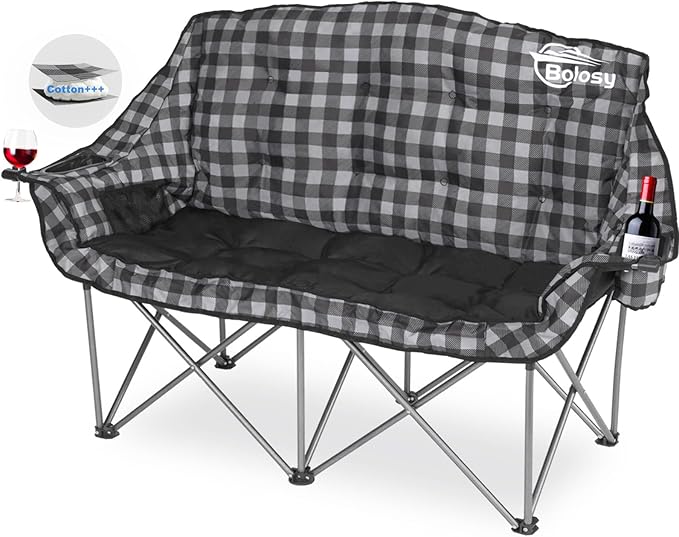 Padded Double Camping Chair Folding Loveseat 2 Person Camp Chair Heavy Duty Lawn Chairs Camping Couch Outdoor Sofa