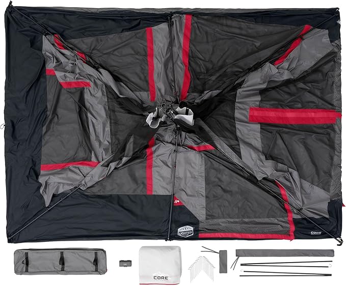 CORE 10 Person Instant Cabin Tent with LED Lights | Lighted Pop Up Camping Tent with Easy 2 Minute Camp Setup | Portable Large Family Cabin Multi Room Tents for Camping