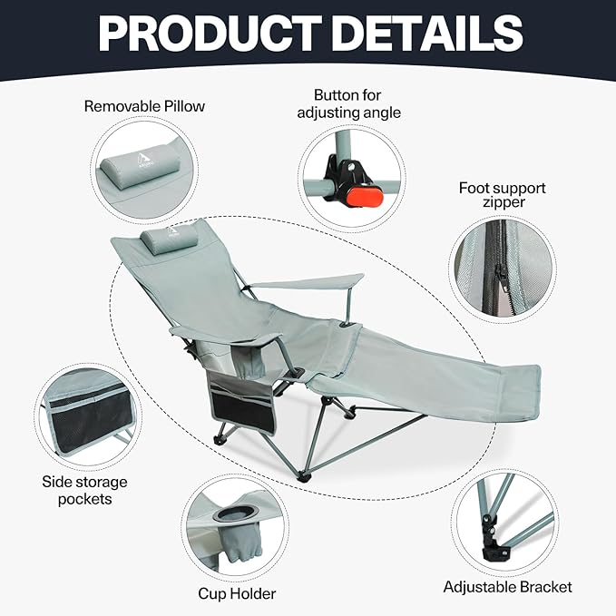 2-in-1 Reclining Camping Chair Portable Folding Beach Lounge Chair with Footrest &amp Adjustable Backrest Comfortable Lawn Chair for Adults Heavy Duty with Cup Holder for Outdoor Poolside Sports
