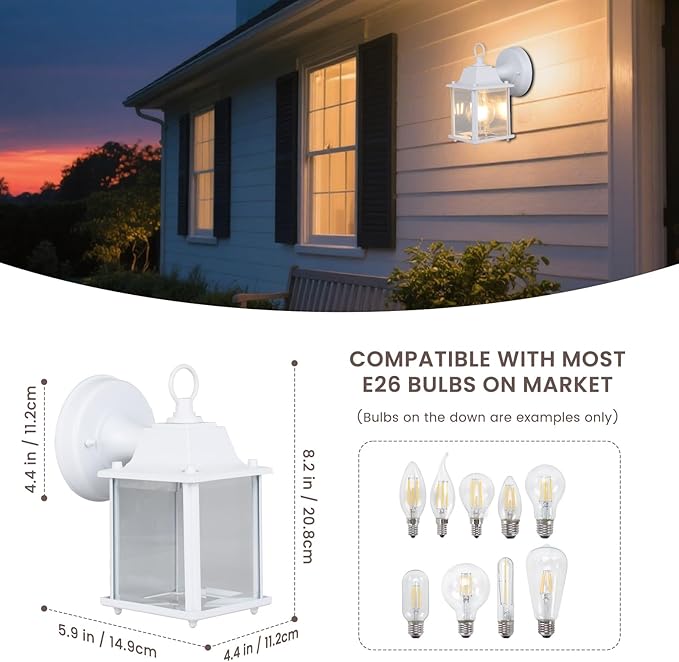 Classic White Aluminum Wall Lamp – Wet Location Outdoor Fixture Die-Cast Aluminum &amp Tempered Glass E26 Base (60W Max) for Porch Garage Garden (Single Pack