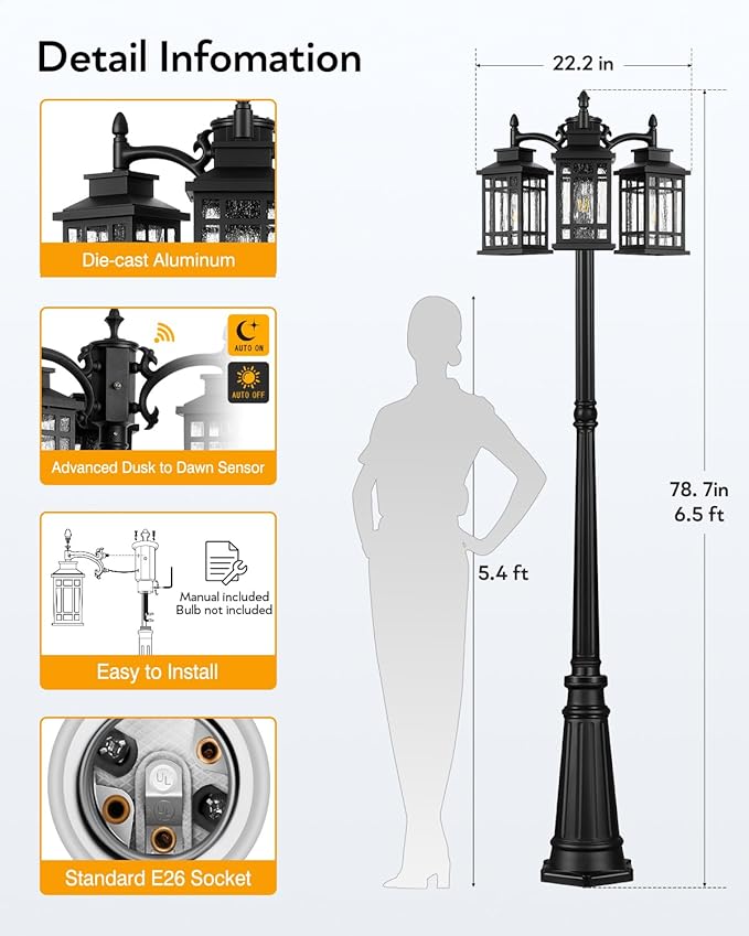 Dusk to Dawn Outdoor Lamp Post Light Black Outdoor Street Lights 3-Head Hardwired Lamp Post Light Fixture for Outside Outside Pole Light Fixtures with Bubble Glass for Yard Garden Backyard