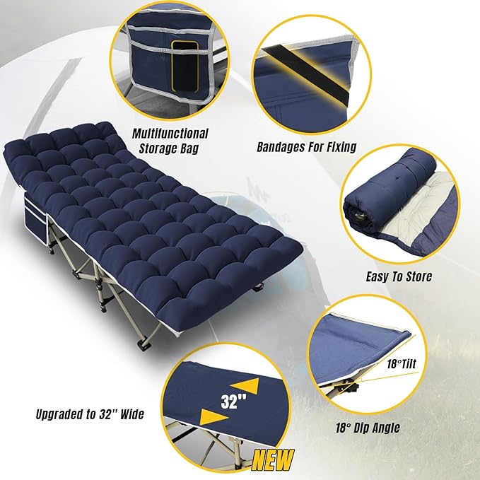 YELLOW JACKET Folding Camping Cot with Mattress Upgraded 32 Wide Cot for Camping Folding Sleeping Cot with Carry Bag Camping Cots for Adults Idea for Home Office &amp Travel