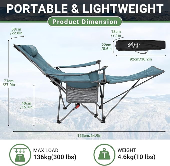 #WEJOY 2-in-1 Camping Chair Reclining Lightweight Folding Camping Chair with Adjustable Backrest &amp Footrest Camping Lounge Chair with Headrest Cup Holder Storage Bag for Beach Lawn Concert