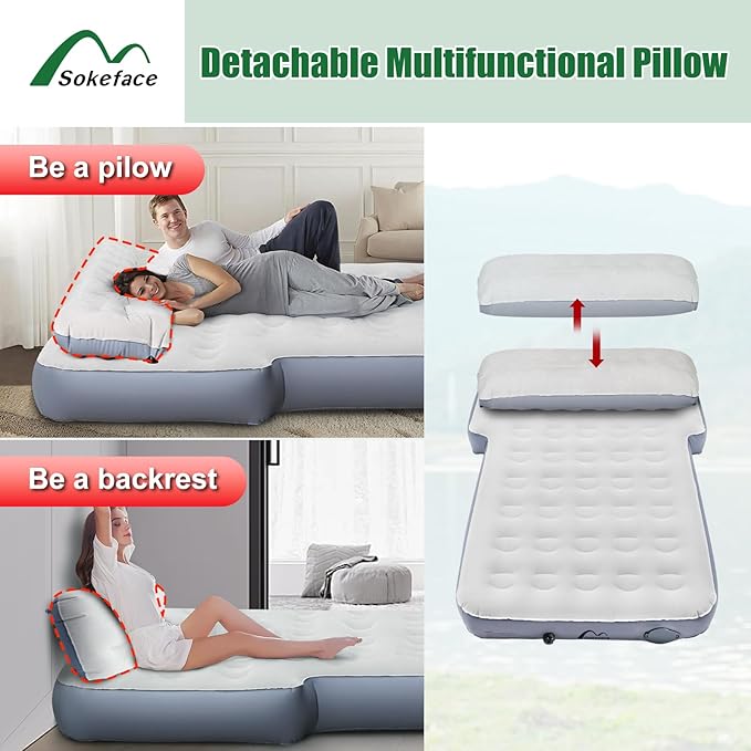 SUV Air Mattress with One-Click Charging Wireless Air Pump Detachable Pillow 10inch Air Mattress for Jeep Wrangler JK JKU JL JLU Unlimited 4 Door Heavy Duty Car Camping Patent Pending