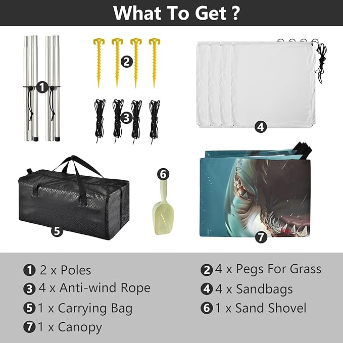 Shark with Opened Mouth Beach Tent Sun Shelter 9.2' x 10.5' Beach Canopy with 4 Sandbags 4 Stability Poles Sand Shovels - Tent Canopy for Beach Camping Fishing Picnics