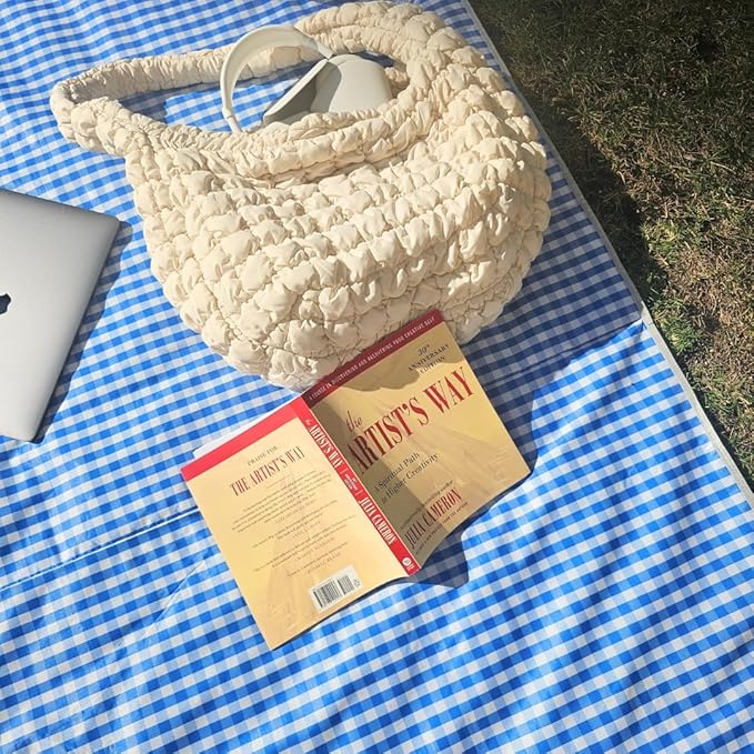 Cute Gingham Picnic Blanket Waterproof Foldable in Large 80x60in and Extra Large 80x80in Portable Compact Beach Blanket Oversized XL Outdoor Mat (Blue X-Large)
