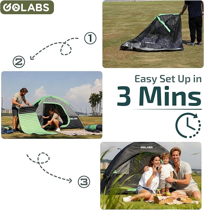 Golabs CT1 2 Person Camping Tent Easy Set Up in 3 Mins PU1500mm Waterproof w/Mesh Top &amp Door with Ventilation Lightweight 4.4lbs Portable Family Tent with Carry Bag &ampInterior Storage Pocket