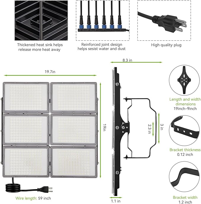 600W Flood Light Outdoor 80000lm 6000K Daylight IP66 WaterproofUL Approved Plug  Commercial Parking Lot Light6 Adjustable Heads for YardStadium Floodlight Bright Security Lights for Outdoor Area