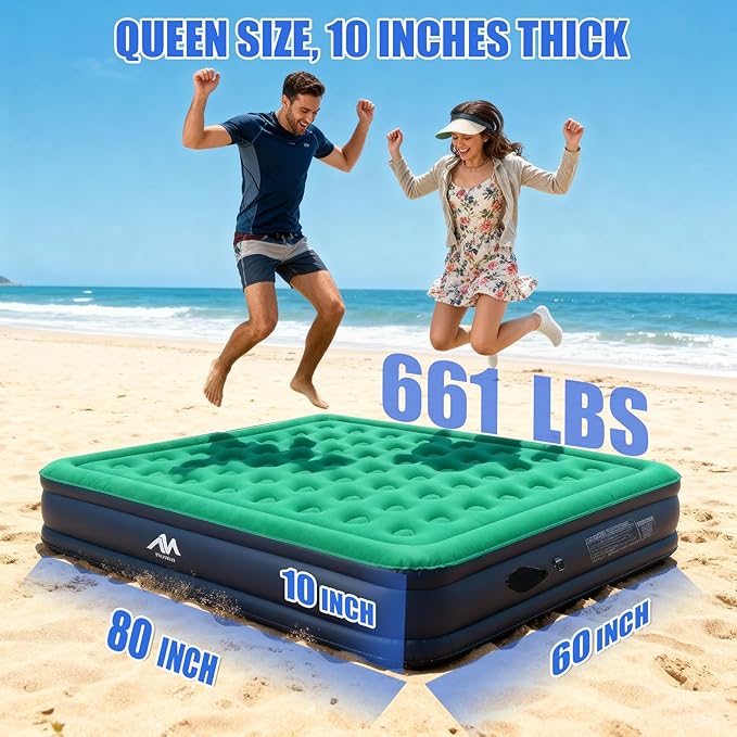 AYAMAYA Queen Camping Air Mattress with Built-in Rechargeable &amp Detachable Pump 10 Height Inflatable Blow Up Airbed Portable Self Inflating Sleeping Pad for Tents Outdoor Travel Home Guests