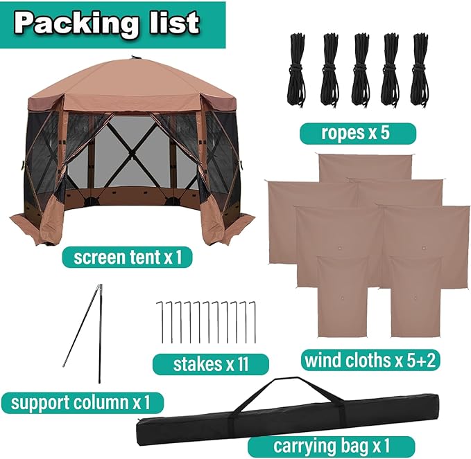 10 x 10 FT Pop Up Screen Tent Portable Outdoor Camping Gazebo with Ground Stakes and Carry Bag Brown