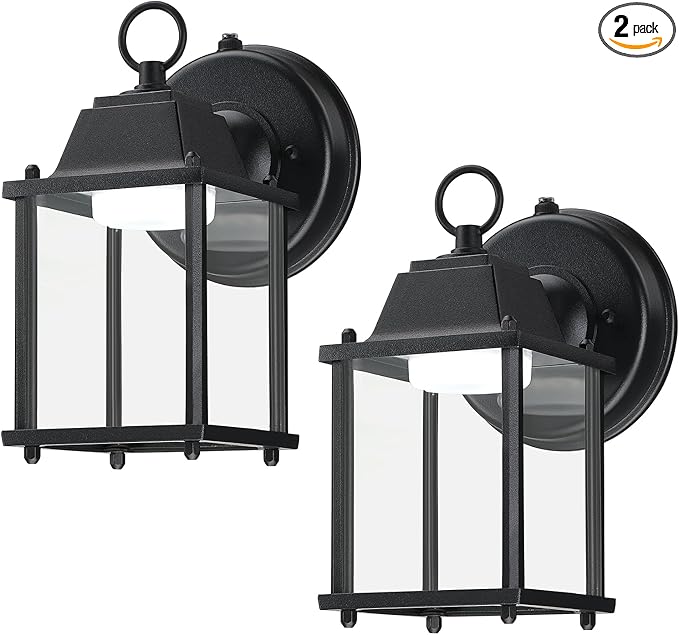 LIT-PaTH Dusk to Dawn Outdoor Wall Lantern LED Wall Sconce 5000K Daylight White 9.5W 800 Lumen Aluminum Housing Plus Glass Outdoor Rated 2-Pack Black