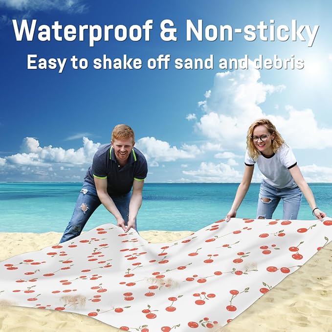 Waterproof Sandproof Beach Blanket 59''×68'' Decorative Cherry Pattern Polyester Outdoor Picnic Blanket with 4 Stakes &amp Storage Bag for BeachCampingVacation