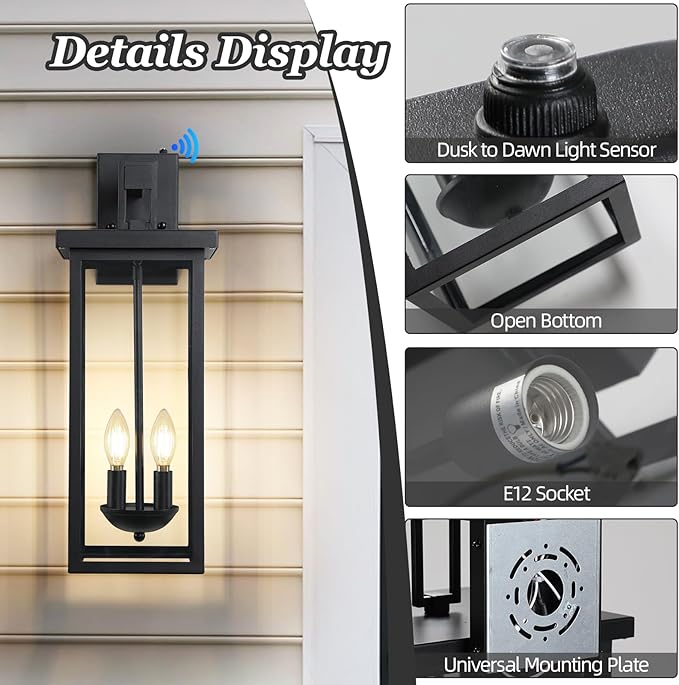 Large Exterior Lighting Fixtures Modern Wall LanternOutdoor Wall Lights with Clear Glass ShadeOutdoor Lamps for Patio PorchWaterproof Outside Exterior LightsDusk to Dawn 22IN-2 Packs