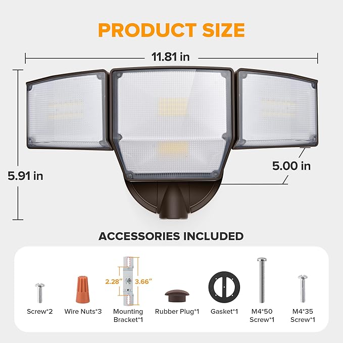 LUTEC 80W Dusk to Dawn Flood Lights Outdoor 9000LM Super Bright LED Security Light with Photocell IP65 Waterproof 5000K Daylight Hardwired 4 Heads Floodlight for Garage Yard Patio (Brown)