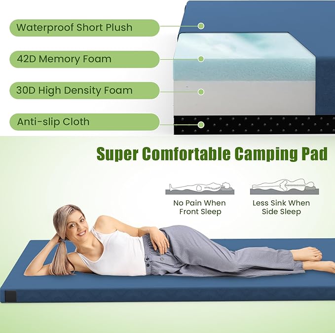 Tangkula Memory Foam Sleeping Pad Roll Up Floor Mattress with Carry Bag Non-Slip Bottom Guest Floor Folding Bed for Sleepover Portable Camping Mattress for Indoor Outdoor Car Travel Cot Tent