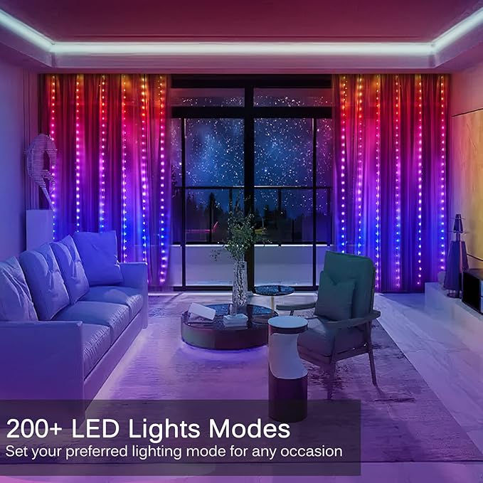 LED Curtain Lights 8ft x 6ft 144 LED RGB Color Changing String Fairy Lights Curtain with Smart APP Control Music &ampVoice Sync for Bedroom Backdrop Wall Indoor Outdoor Christmas Decorations