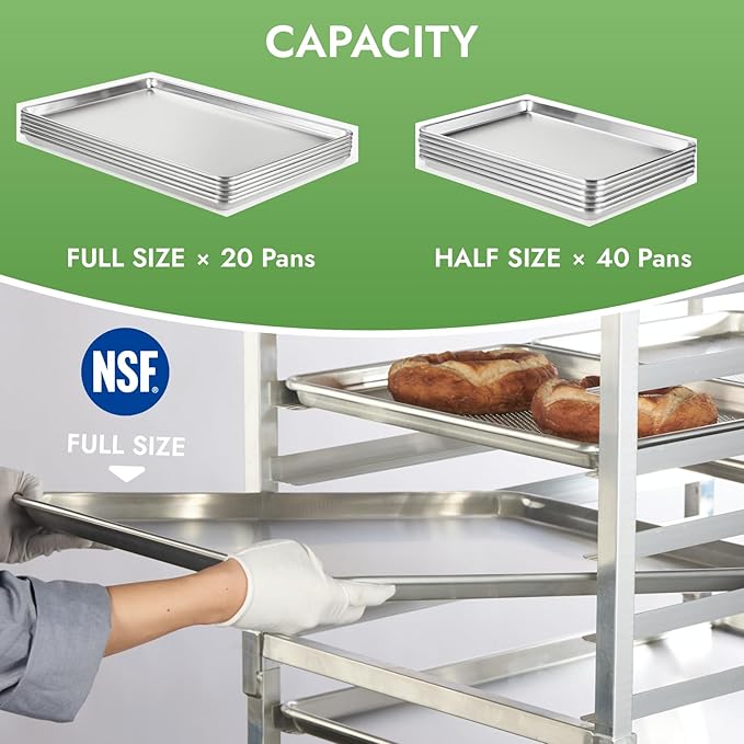 CURTA 20-Tier Heavy Duty Bun Pan Bakery Rack with 5 Wheels NSF Certified Heavy Duty 26 D x 20 W x 69 H Storage for Half &amp Full Sheets