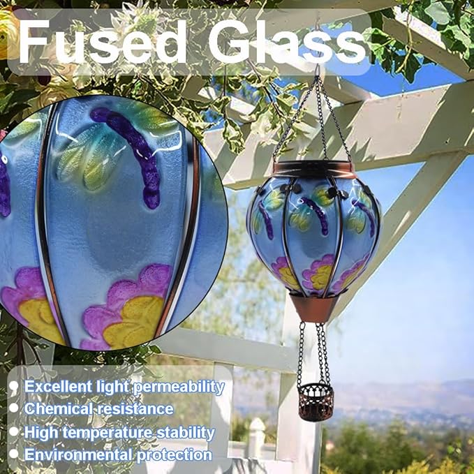 Hot Air Balloon Solar Lantern with Flickering Flame Glass Hanging Garden Lights Outdoor Waterproof for Tree Yard Patio Mother's Day Gift 18 H Dragonfly