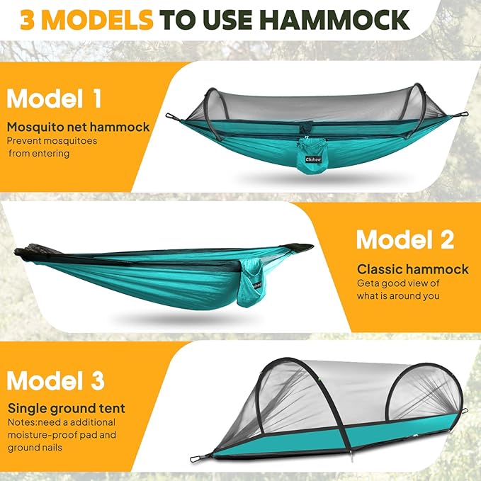 Chihee Ultra-Light Travel Camping Hammock Pop-up Net Hammock 660lbs Load CapacityBreathableQuick-Drying Parachute Nylon 2 Premium Carabiners2 Tree Slings Included for Outdoor Backpacking Hiking