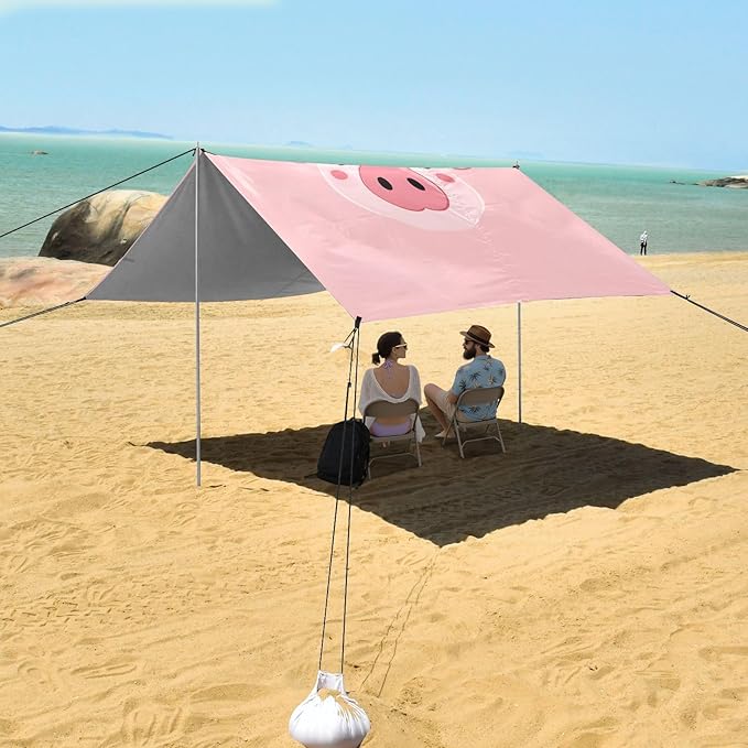 Cute Pig Face Beach Tent Sun Shelter 9.2' x 10.5' Beach Canopy with 4 Sandbags 4 Stability Poles Sand Shovels - Tent Canopy for Beach Camping Fishing Picnics
