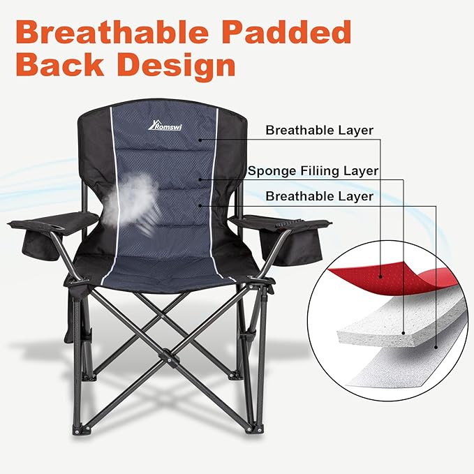 Romswi Oversized Camping ChairsHeavy Duty Support 500 LBSPadded Back &amp Arm Sport Chairs Cup Holder Cooler Bag Collapsible Folding Chairs for Outdoor Fishing &amp Garden Black2-Pack
