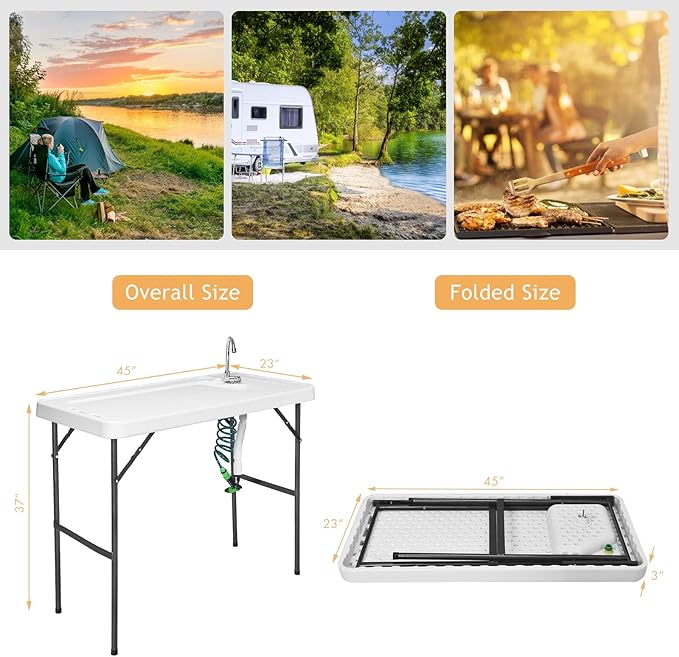 Fish Cleaning Table with Sink Portable Camping Table w/Flexible Faucet &amp Sprayer Drainage Hose Hook Up Outdoor Fish Cleaning Station for Garden Backyard Kitchen (with Sprayer)