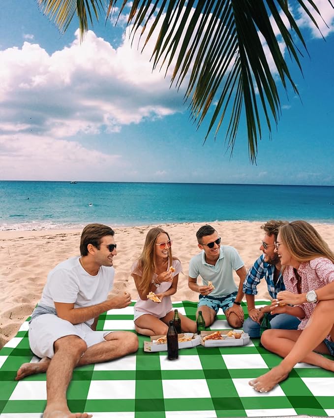 Beach Blanket Waterproof Sandproof OversizedSt Patrick's Day Green Stripe Lattice Beach Mat with Corner Stakes Sand PocketsClassic Buffalo Checker on White Outdoor Picnic Mat for Travel 83x79In