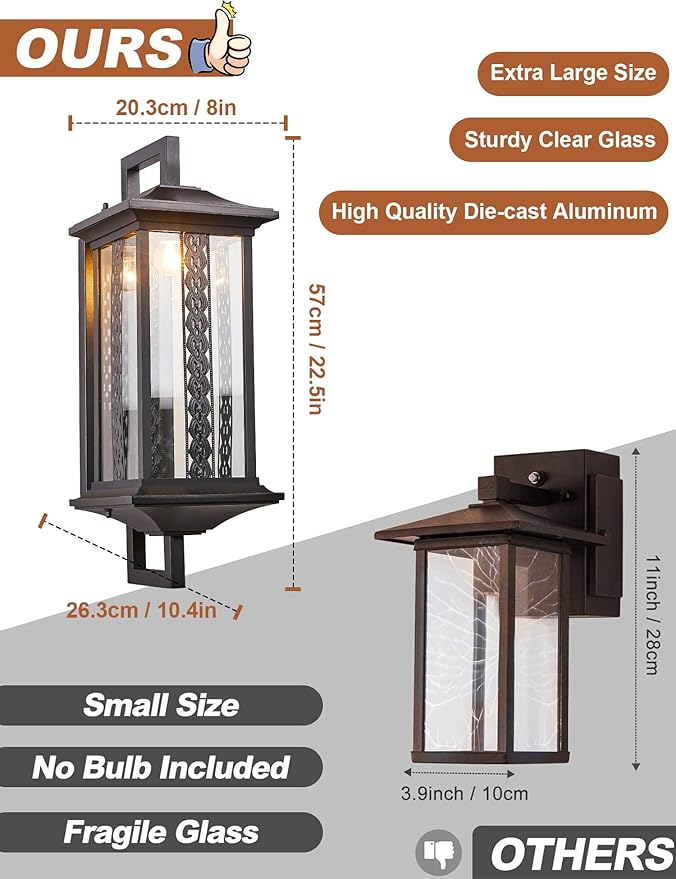 22.5”H Extra Large Outdoor Wall Light Dusk to Dawn Porch Light Fixtures Wall Mount Waterproof Exterior Wall Lamp Sconce with Tempered Glass Outside Carriage Light Perfect for Patio Garage Front Door