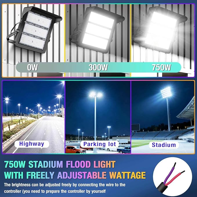 ledmo 750W Dimmable LED High Mast Stadium Light Outdoor 90000LM Super Bright Floodlight Commercial 100-277V 5000K Daylight IP66 Adjustable Waterproof Arena Lighting for Sport Court