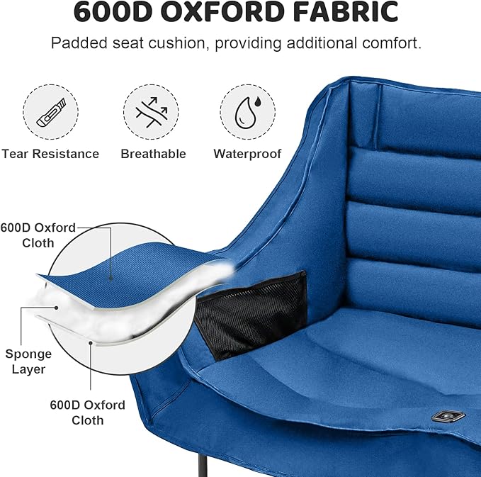 Double Camping Chair for Adults 2 Person Loveseat Camping Chair with Cup &amp Wine Glass Holder Portable Padded Double Folding Lawn Chair for Outdoor Camp Picnic Sports Support 500LBS (Blue)