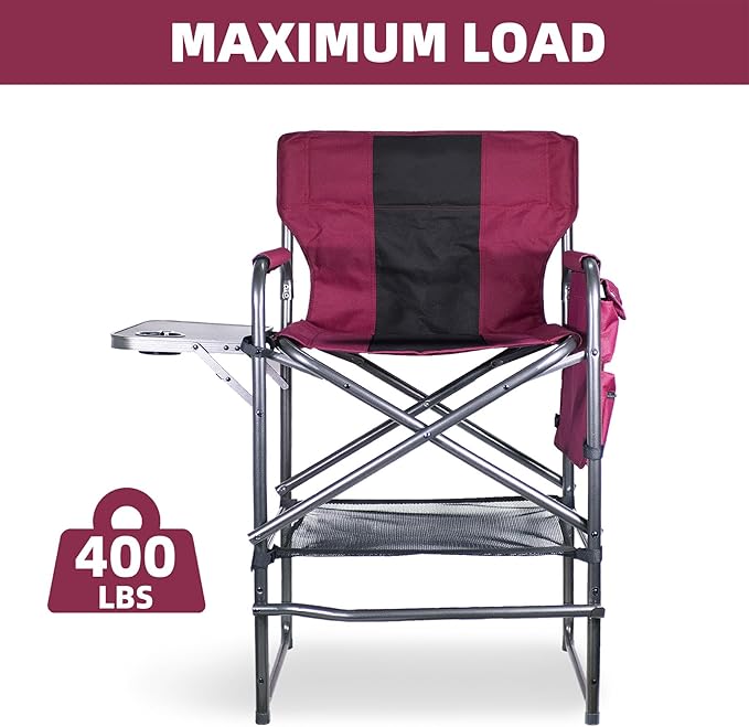 30 Tall Directors Chair with Side Table 400LBS Bar Height Folding Camping Chair for Makeup Artists Outdoor Events Portable Foldable Chair with Cup Holder &amp footrest - Light Wine Red