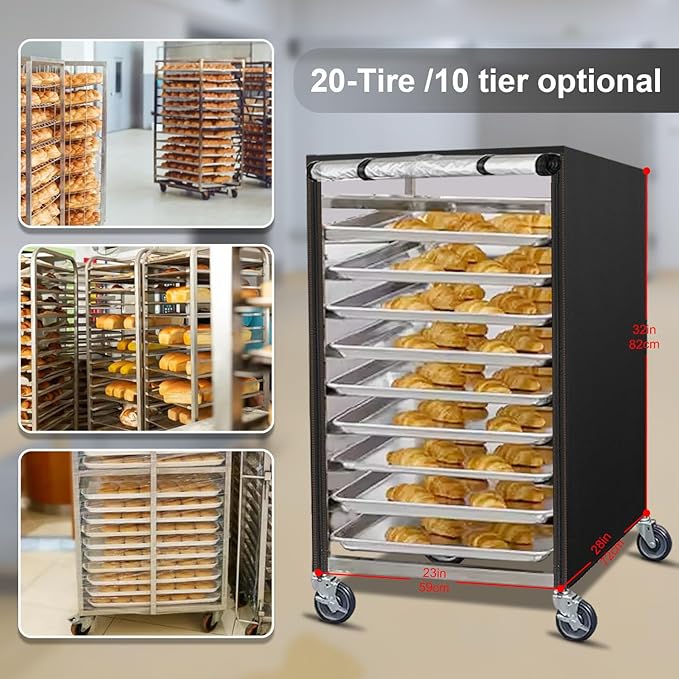 Sheet Bun Pan Rack Cover Speed Rack Cover with Zipper for 10 Tier Commercial Bakery Racks 23x28x32 Waterproof Bread Rack Cover with Clear Roll-Up Door &amp Breathable Mesh Vent(20 Tier)