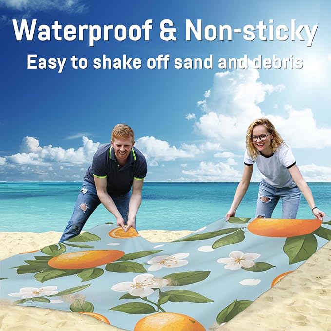 Waterproof Sandproof Beach Blanket 59''×68'' Fruit Orange Blossom Polyester Outdoor Picnic Blanket with 4 Stakes &amp Storage Bag for BeachCampingVacation