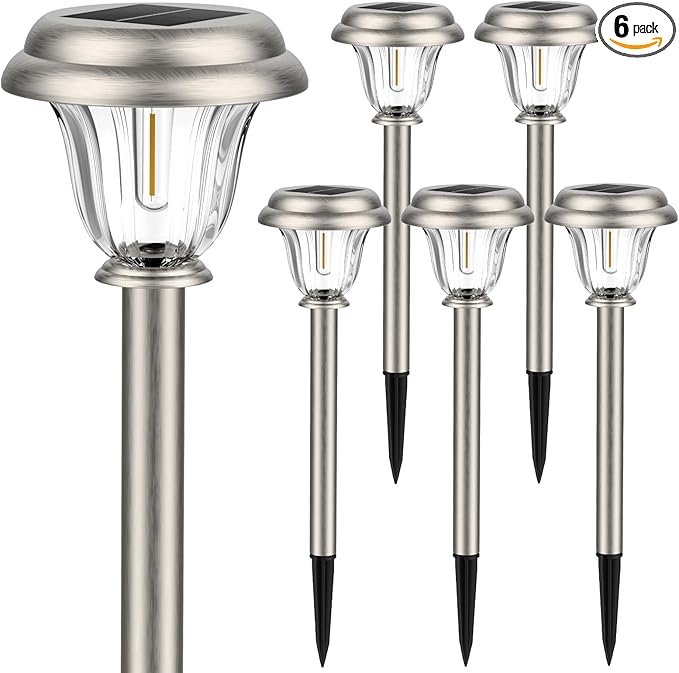 DERAYSION Solar Lights Outdoor Waterproof Brushed Stainless Steel Glass Solar Pathway Lights Auto On/Off Long-Lasting Outdoor Solar Lights for Garden Landscape Path Yard 6 Pack