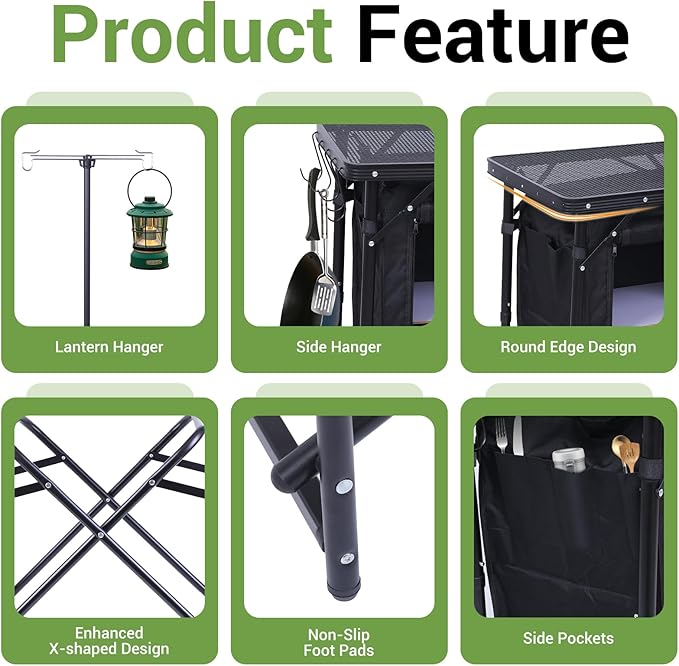 Nice C Camping Kitchen Station Camping Table Picnic Table Portable Grill Table Folding Cook Table Upgrade Light Stand and Windshield Station &amp Organizers Carry Bag for Beach Picnic (Black)