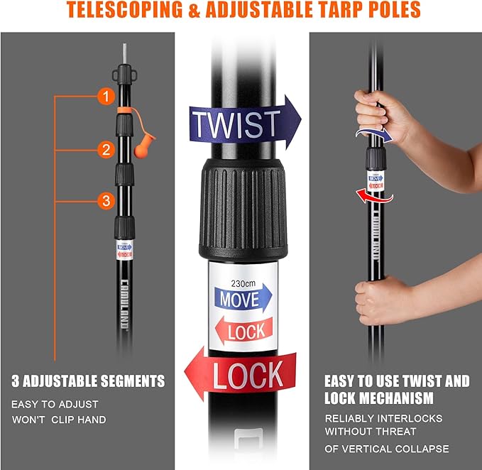 CAMULAND Tarp Poles Set of 2 31.1 - 90.6” Aluminum Tent Poles for Tarp Adjustable Lightweight Portable Telescoping for Camping Hiking Hammock Awning/Outdoor Activities-4 Section