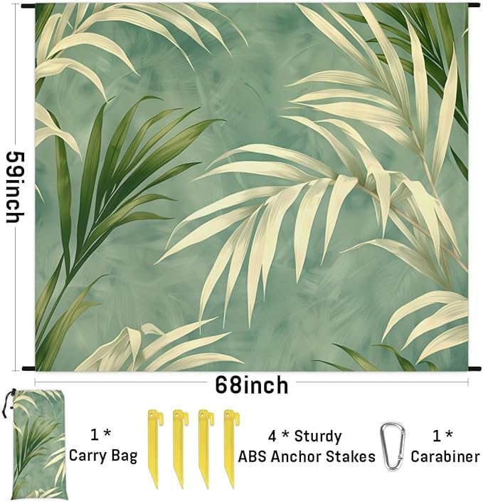 Waterproof Sandproof Beach Blanket 59''×68'' Plants Leaves Polyester Outdoor Picnic Blanket with 4 Stakes &amp Storage Bag for BeachCampingVacation Milk Green