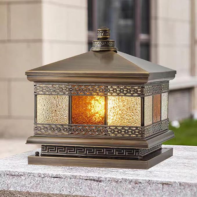 All Copper Steel Glass Outdoor Post lights Waterproof Pillar Light Vintage Patio Lawn Column Lampoutdoor column lightsDeck Lights Lantern Fence Lamp Fixture E26 Base (Flower glass 16X16IN)