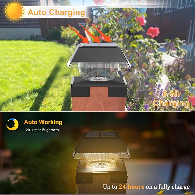 Sumaote Solar Post Cap Lights for 4x4 Wood &amp Vinyl Fence Adjustable Base - 2-Color Modes 3000K/6000K IP65 Waterproof 120 Lumens Dusk to Dawn Outdoor Deck Lighting 4 Pack Black