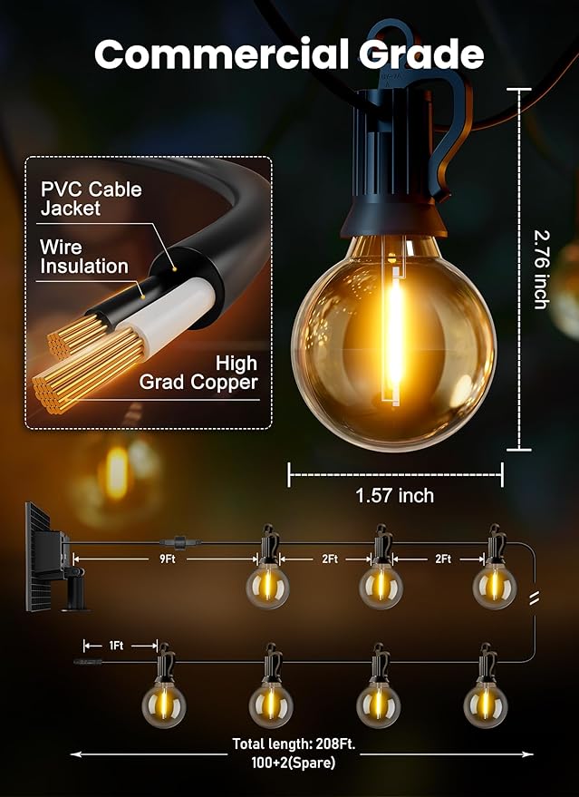 Brightown 208FT Solar String Lights Outdoor with Remote and 102 LED Shatterproof Bulbs Dimmable &amp Timable 3 Light Modes Solar Patio String Lights Outdoor for Cafe Garden Deck Outside Wedding