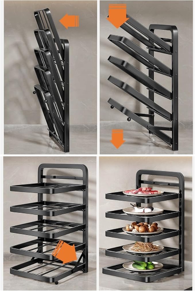 5 Tier Kitchen Counter Storage Shelf Detachable Height Adjustable Kitchen Organizer Space Saving Countertop Rack for Prepared Food Hotpot Dishes Sturdy Carbon Steel Shelf with E