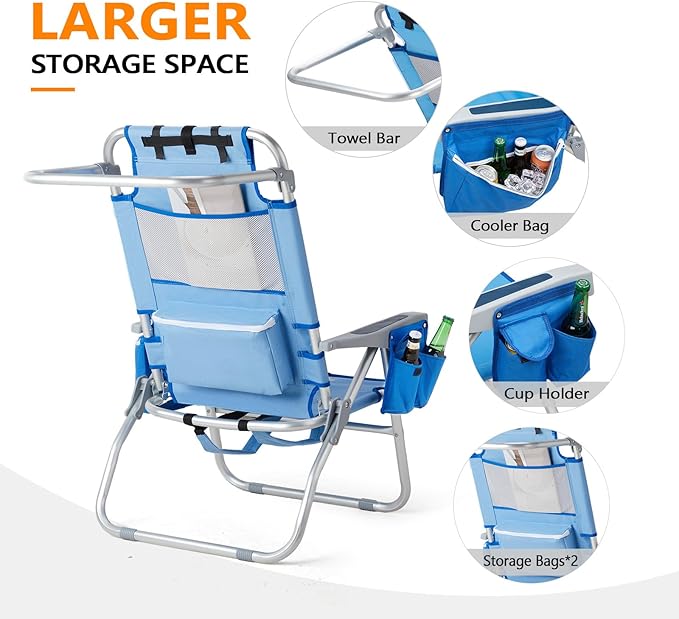 VINGLI Backpack Beach Chair 2 Pack with 5-Position Cup Holders Cooler Bag Towel Bar Lightweight Folding Beach Camping Chairs for Adults(Blue-13)