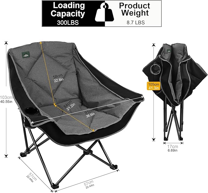 Northroad Oversized Foldable Camping Chair Outdoor Padded Lawn Chair w/Cup HolderCarry Bag for Beach Hiking and PicnicsBlack