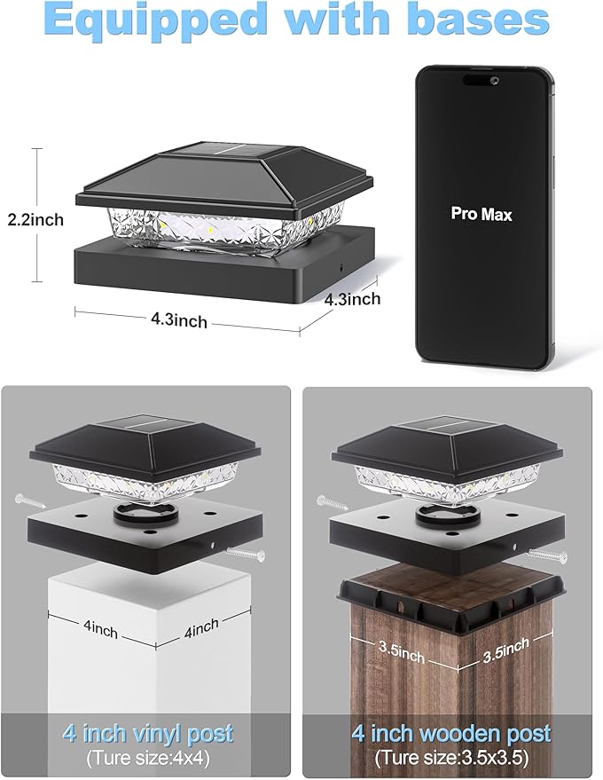 VOLISUN 4x4 Solar Fence - Post Cap Lights 8pack Outdoor Waterproof Black Deck Post Cap Light with Warm Whitefor 4x4 Wooden/4x4 Vinyl