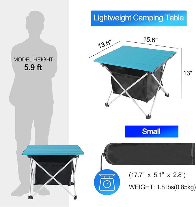 Grope Portable Camping Table Ultralight Aluminum Camp Table with Storage BagBeach Table for Sand with Carrying BagPrefect for OutdoorPicnicBBQCookingFestival (Blue with Storage Bag-S)