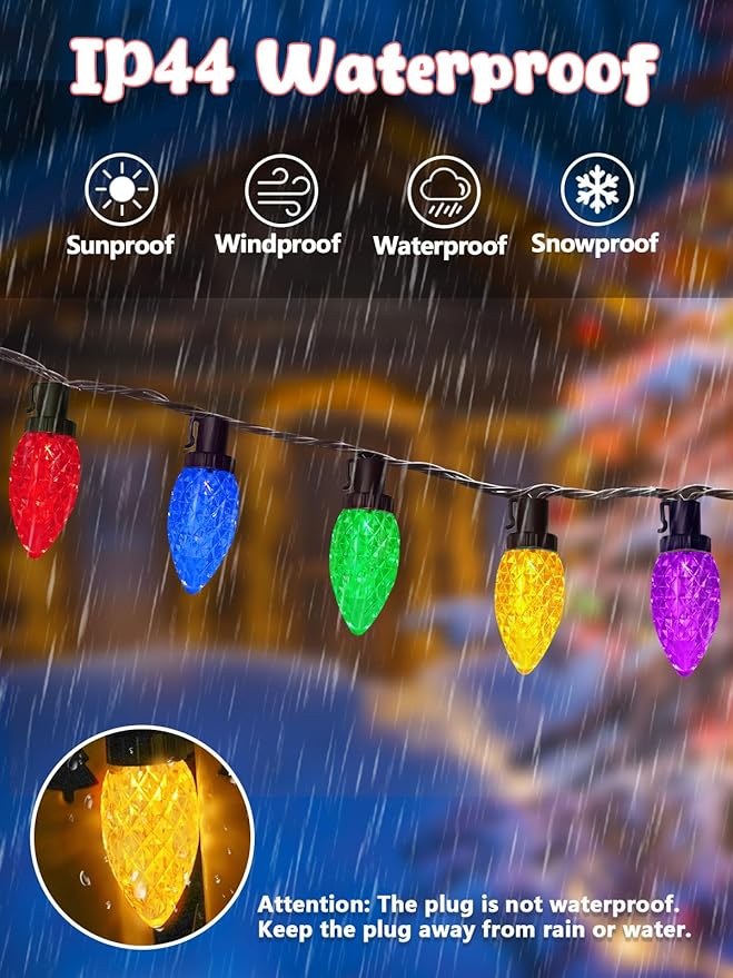 2-Pack Extentable C9 Christmas Lights Outdoor Indoor 66 FT 100 LED Christmas String Lights Plug in with 8 Modes &amp Timer Waterproof Fairy Twinkle Light for Xmas Tree Yard Decorations (Multi-Color