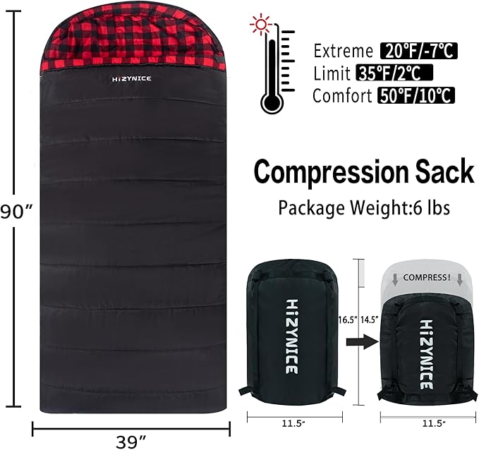 Cold Weather Sleeping Bag 100% Cotton Flannel XXL for Adults Big and TallFree Compression Sack