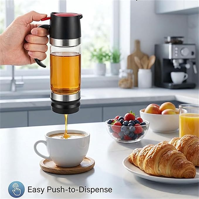 Honey Dispenser No Drip Glass Honey Dispenser No Drip with Stand Press Type Drip Dispensers for Honeys Refillable Glass Honey Jar with Handle For Honeys Coffee Syrup (Yellow)