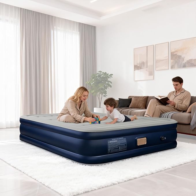 BEBAS Queen Size Air Mattress with Built-in Pump | Fast Inflation &amp Deflation | 16 Tall Extra High Support | 720lbs Max Weight Capacity | for Home Camping Guest &amp Office Use (Blue)