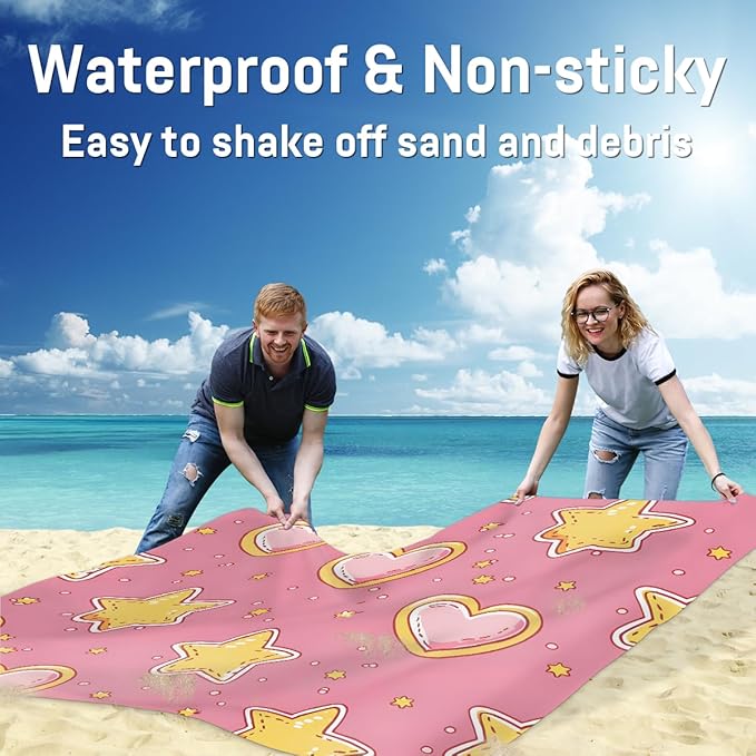 Waterproof Sandproof Beach Blanket 59''×68'' Golden Star Polyester Outdoor Picnic Blanket with 4 Stakes &amp Storage Bag for BeachCampingVacation Leather Pink